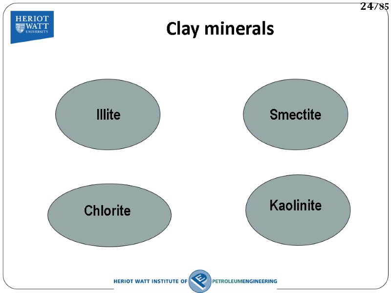 Clay minerals  Illite Smectite Kaolinite Chlorite  24/85